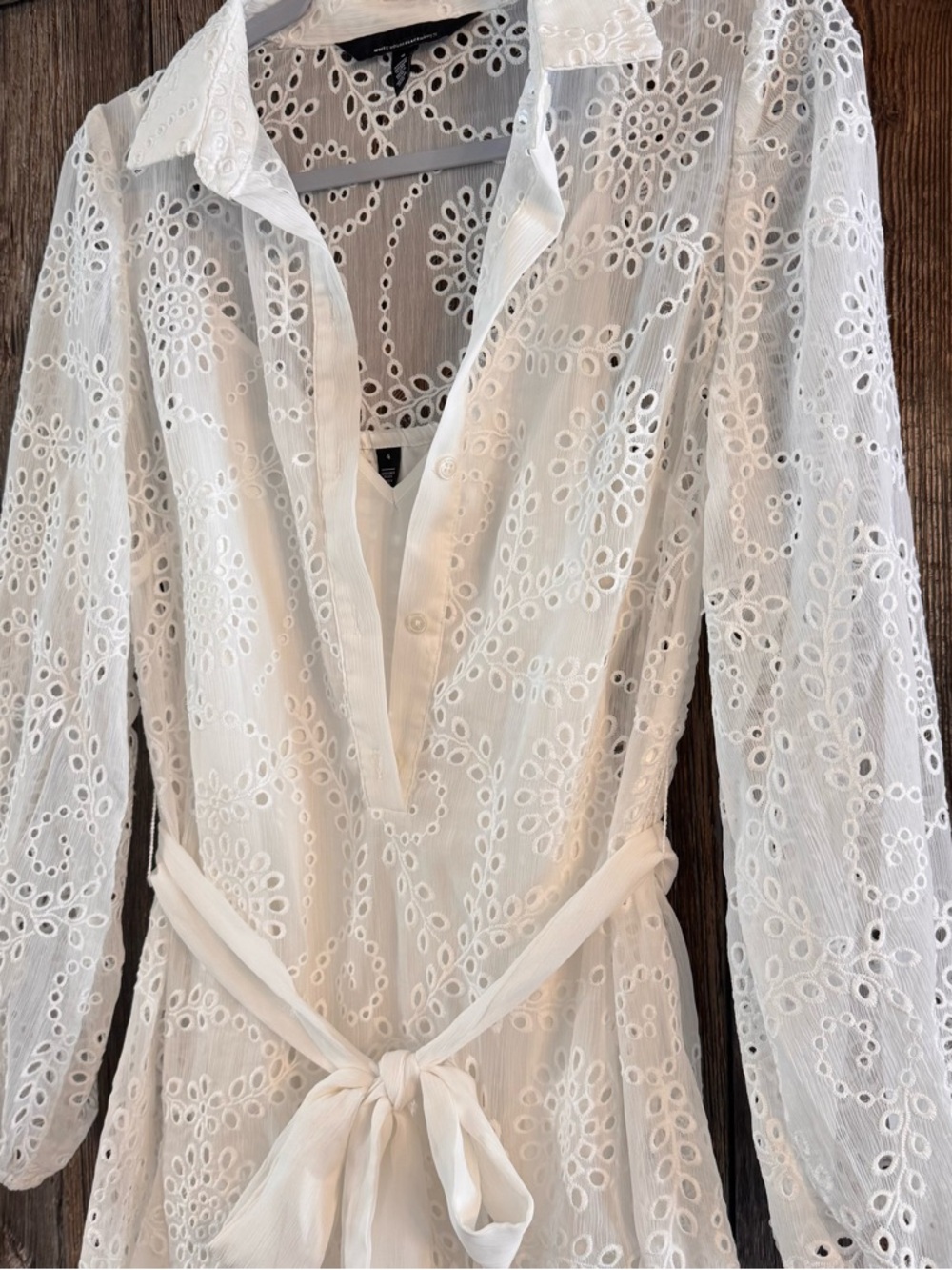 White House Black Market Eyelet Shirt Dress White Size 4 Long Sleeve Tie Waist - Picture 6 of 10
